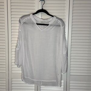 CATO White Lace Shoulder Long sleeve Boho V Neck Top Womens Size Medium